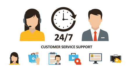 Customer service support 24/7 with agents, clock, and various icons.