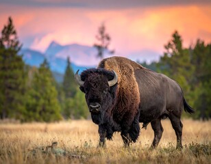 A majestic bison, facing the viewer, is framed by a sunset sky, mountains, and tall grass in a prairie setting