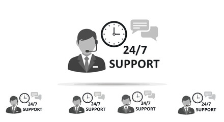 Customer service icon featuring a person with a headset, a clock, and speech bubbles, representing 24/7 support.