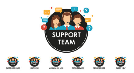 Illustration of a support team with three customer service representatives wearing headsets, surrounded by communication icons and question marks, representing help and assistance.