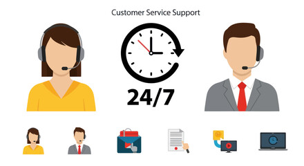 Customer service support concept with male and female agents providing 24/7 assistance and various communication methods.