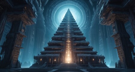 Majestic Sci-Fi Fantasy Temple Architecture with a Towering Ziggurat Structure, Eerie Blue Lighting, and Ancient Mystical Glow 