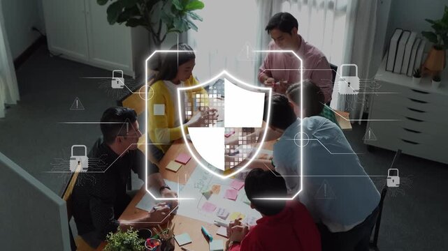 Diverse team of professionals collaborate in a modern office, focusing on cybersecurity strategies with digital security graphics overlay, showcasing innovation and problem-solving. Raster - Powered by Adobe