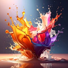 A vibrant, abstract composition featuring colorful liquid explosions. The splash of hues creates dynamic forms on a reflective surface