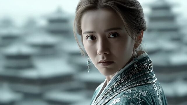 Tang Dynasty woman looks back with a smile showing classical charm