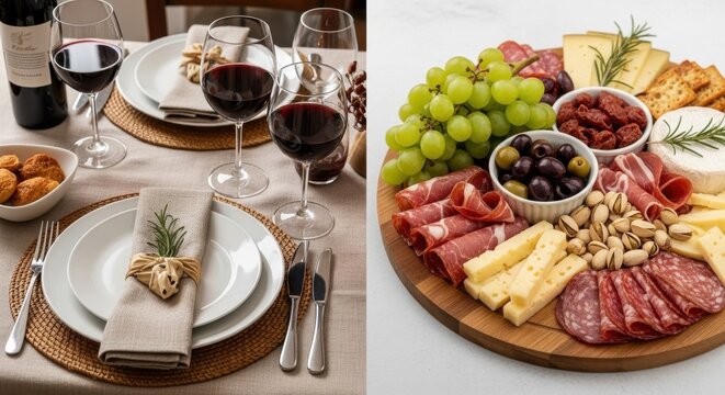 Table setting with red wine glasses and plates. A charcuterie board is laden with various cheeses, cured meats, grapes, olives, and nuts.