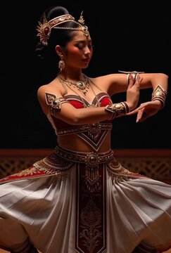 Elegant traditional apsara dancer performing classical dance movements in studio setting,