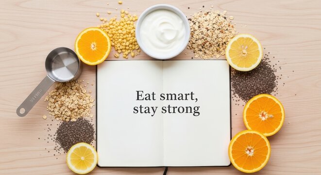 Healthy food and open notebook promoting wellness and healthy eating