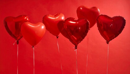 A vibrant composition featuring red heart-shaped balloons floating against a solid red background