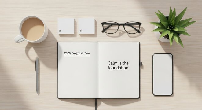 Open notebook on a desk with glasses and sticky notes detailing a 2026 progress plan