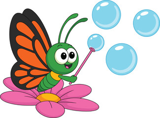 Cartoon butterfly, pink flower, bubble wand, cheerful insect, playful nature, kids illustration, springtime joy, white background, colorful design, fantasy art