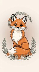 Fototapeta premium Cute cartoon fox with a gentle smile sitting. Adorable woodland creature wearing a natural floral wreath made of green leaves and delicate blooming flowers.