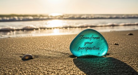 A turquoise stone with inspirational text on a sandy beach