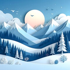 A serene paper-cut style illustration depicting a snow-covered mountain landscape, sunrise, and several birds in the sky