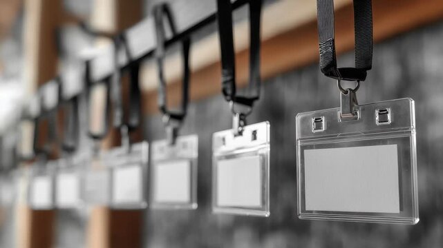 Name badges hang on a rack ready for attendees at a conference in a modern venue