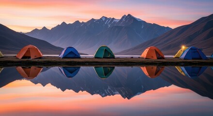 Camping tents reflected in a lake during sunset with mountain views
