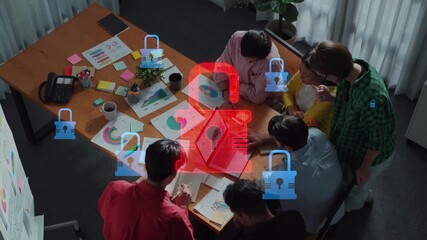 Engaged team members collaborate in an office setting, emphasizing data security while discussing business strategies and project analysis during a meeting. Raster - Powered by Adobe