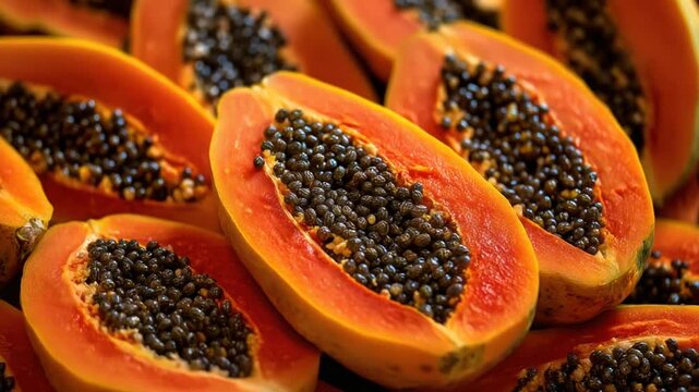 Close-up shot of several vibrant papaya halves, showcasing the orange flesh and numerous black seeds