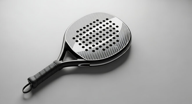 Overhead view of a black and silver padel racket with a perforated face on a white surface.