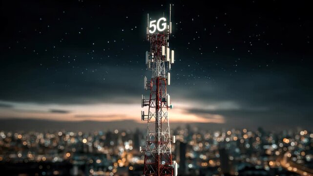 Global telecommunication tower broadcasting 5G technology above a vibrant city skyline at dusk with illuminated lights and a calm atmosphere