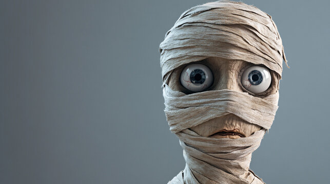 Funny mummy character with huge eyes looking shocked for Halloween designs and promotions