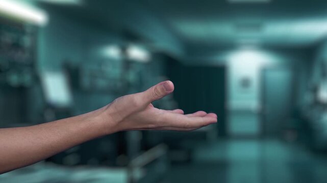 Close up of human hand holding DNA holographic floating at laboratory background. Human hand accessing and connecting medical data by using genetic icon to analyzing and diagnosis symptom. Salubrious.
