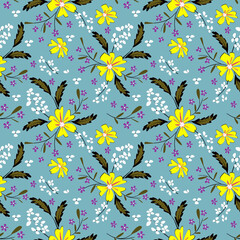 Seamless bright retro floral pattern. Neon yellow and purple flowers on a turquoise background.