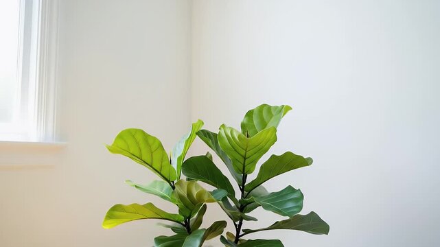 Fiddle Leaf Fig Tree Potted Plant Growing Indoors in Minimalist White Room with Natural Light