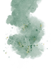 green watercolor paint on white background.with hand drawn blots on white background marble background with gold stripes and glitter dust , wedding ,birthday invitation card template or christmas.	