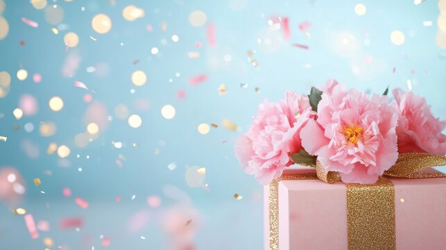 Pink gift box flowers confetti - Powered by Adobe