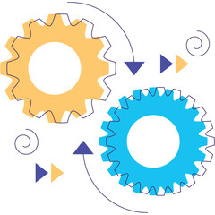 Interlocking gears in orange and blue with purple arrows and dashed lines suggesting motion and synergy on a clean white background suitable for business concepts