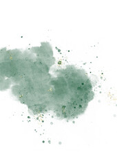 green watercolor paint on white background.with hand drawn blots on white background marble background with gold stripes and glitter dust , wedding ,birthday invitation card template or christmas.	
