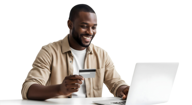 A happy person holds a credit card while working on laptop, isolated on transparent background	
