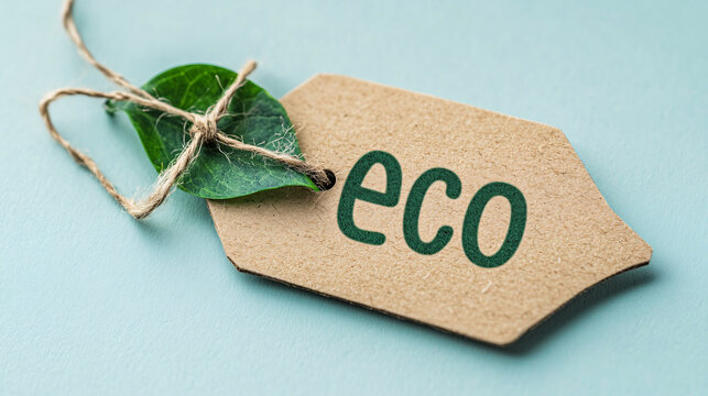 Eco friendly tag with leaf and string, sustainable living and green initiatives concept