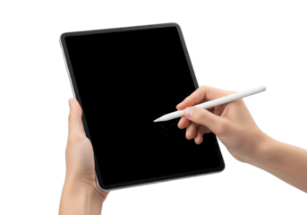 Business Woman Taking Digital Notes on Tablet Screen Using Stylus for Remote Work or E-Learning. On transparent background