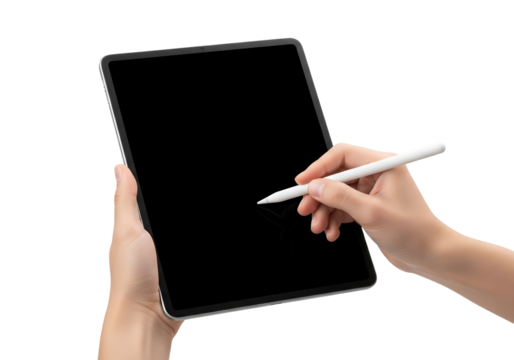 Business Woman Taking Digital Notes on Tablet Screen Using Stylus for Remote Work or E-Learning. On transparent background 