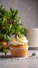 A single cupcake, frosted with white buttercream and sprinkles, sits on a grey surface. Green plant and a mug blur in background