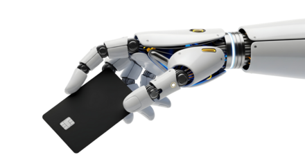 A robotic hand firmly holding a credit card, symbolizing technology and finance. The metallic fingers and the sleek card contrast, evoking a sense of future innovation, isolated on png background