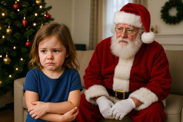 A 3-5 year old child crosses his arms over his chest and frowns, Santa Claus sits nearby in bewilderment in a living room decorated for the holiday season, with a Christmas tree in the background. 