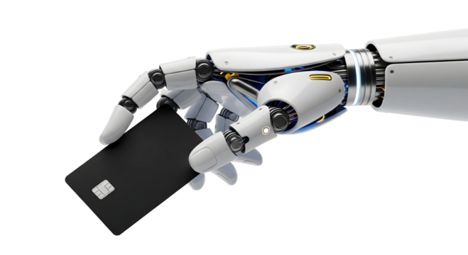A robotic hand firmly holding a credit card, symbolizing technology and finance. The metallic fingers and the sleek card contrast, evoking a sense of future innovation, isolated on png background