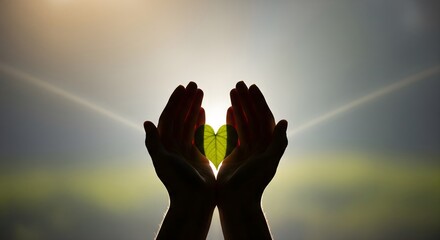 Silhouette of hands holding a heart-shaped green leaf against a bright sky, symbolizing environmental protection and sustainability.