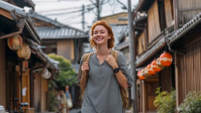 西洋人女性が商店街の路地を朝の柔らかな光で歩くインバウンド旅の一瞬