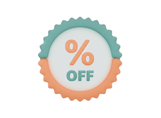 3D Icon of a Percentage Off Discount Badge in Pastel Teal and Peach Colors Centered Against a Transparent Background