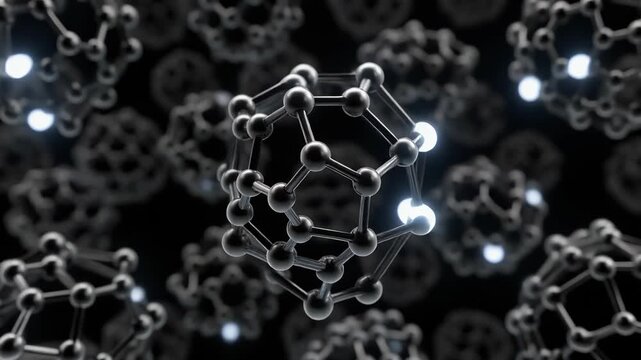 Abstract 3D rendering of Buckminsterfullerene molecules in a dark environment.