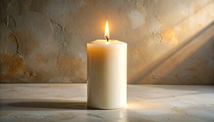 A single ivory candle with a vibrant flame, set against a textured, light-brown wall and reflective surface. Sunlight creates a diagonal shadow