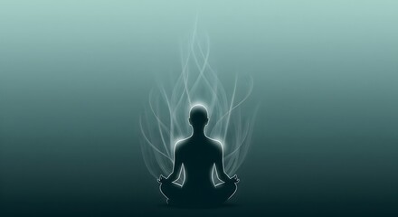 Abstract illustration of a person meditating in lotus pose with a glowing aura and flowing spiritual energy lines against a teal gradient background.