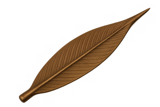 Golden bronze metallic leaf sculpture with intricate texture isolated on a transparent background, symbolizing nature and elegance