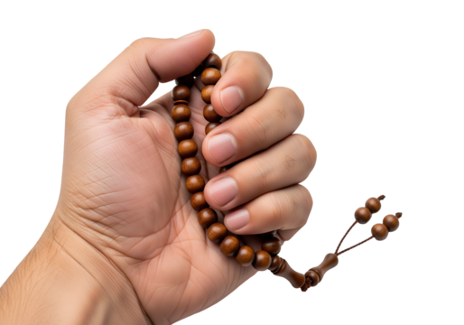 Close up of Islamic Prayer Beads in Hand, Symbolizing Faith, Devotion, and Spiritual Contemplation on transparent background 