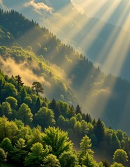 Lush Forest with Sunlight and Misty Mountain Peaks