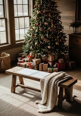 Obraz premium A cozy, rustic living room with a decorated Christmas tree, presents, and a wooden bench.